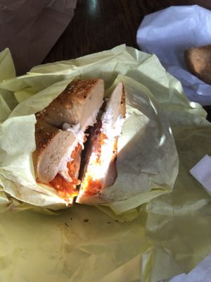 Lox on a garlic bagel  at Ben & Esther's Vegan Jewish Deli in Portland