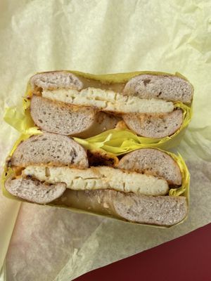 Egg and cheese bagel sandwich $8, amazing   at Ben & Esther's Vegan Jewish Deli in Portland