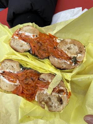 Lox bagel sandwich $12  at Ben & Esther's Vegan Jewish Deli in Portland