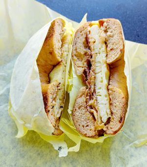 Bacon egg and cheese sandwich on jalapeño bagel at Ben & Esther's Vegan Jewish Deli in Portland