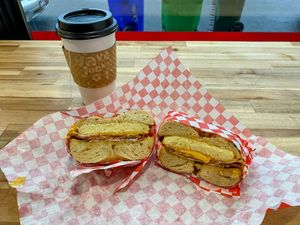 Bacon/egg/cheese on everything bagel  at Ben & Esther's Vegan Jewish Deli in Portland