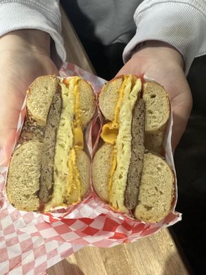 Sausage, egg, and cheese on an everything bagel #Veganuary at Ben & Esther's Vegan Jewish Deli in Portland