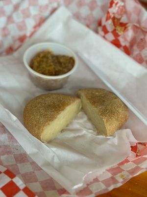 Knish…. And the mustard was great too!  at Ben & Esther's Vegan Jewish Deli in Portland