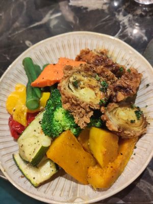Teriyaki bean curd rolls with roast vegetables and multigrain rice (rice is underneath) at lab33 Restaurant & Bar 叁食山 - Sān Shí Shān in Taipei