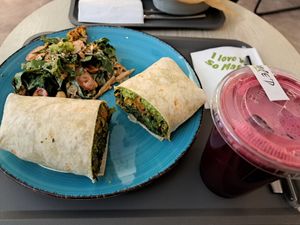 V-gan wrap with tahini orange sauce and minty rouge juice at RAW & BOWL'D in Amman