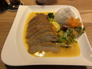 Mock chicken and rice in mango curry  at Zamui in Baden Baden