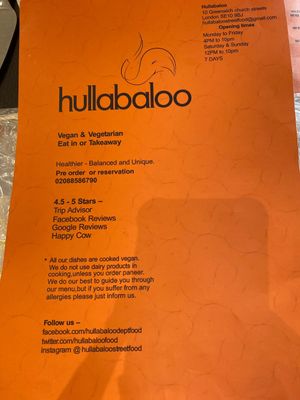 Menu at Hullabaloo - Greenwich in South East London