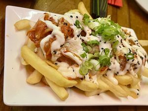 Home made kimchi, fries, kewpie mayo   at Seven Lucky Gods in Bristol