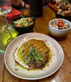 Salt baked Miso glazed celeriac, 
Jalapeno salsa, garlic vegan mayo   at Seven Lucky Gods in Bristol