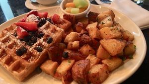 Vegan belgian waffles at Breakfast Bistro in Regina