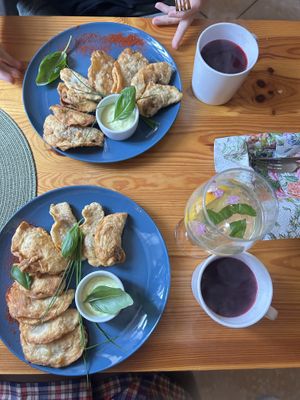 pierogi (cabbage/mushroom), borschtsch and lemonade  at Prasad in Szczecin
