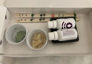 Shoyu bottles and others  at Sôshi Vegan in Rio De Janeiro