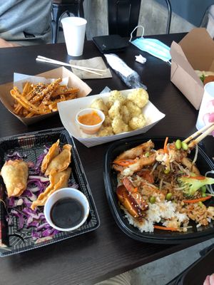 Mushroom lovers dumplings, teriyaki bowl, salt and pepper vushrooms, and tofu fries. at V Revolution in Englewood