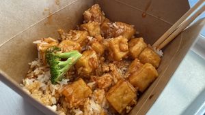 Orange tofu bowl  at V Revolution in Englewood