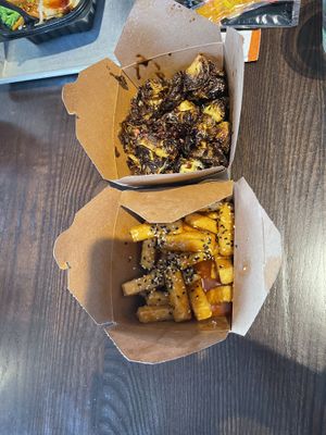 Brussels sprouts and vegan fries   at V Revolution in Englewood