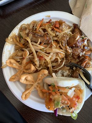 -bang bang shrimp (taco)
-Vegan crab cheese wontons
-kung pao chicken
-beef noodles   at V Revolution in Englewood