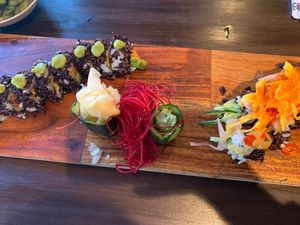 Beautiful plating! Sweet potato on the left, spicy mango on the right. Finger and wasabi in the middle. at Yūgen Cuisine in South Lake Tahoe