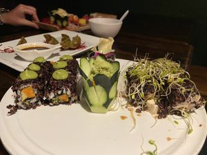 Sweet potato roll on left. Mushroom roll on right. Veggie gyoza behind  at Yūgen Cuisine in South Lake Tahoe