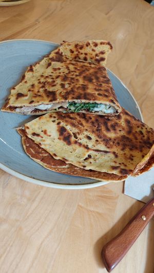 Crêpe with spinach, mozzarella, mushroom and vegan chicken at La Crepería Les Îles in Tenerife