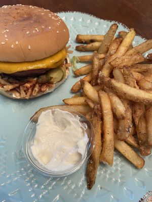 Skinny Carter Burger and Rowdy Crowd fries (GET THE FRIES) at Bougie Vegan in Belton