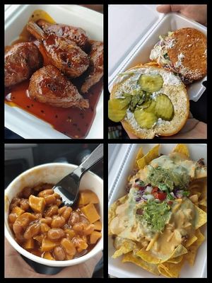 Korean BBQ Koby Z Wings, Southern Slammer Chik'N sandwich, Beyond Queso Nachos, and Gabriel's Beans & Weiners at Bougie Vegan in Belton