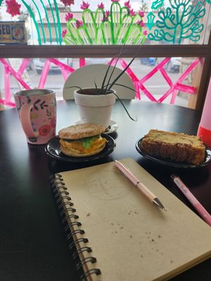 Breakfast sandwich and coffee cake. Bring your own cup for a discount. at Farm2Farmacy in Chandler