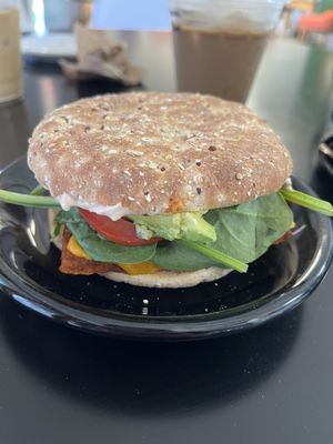 Breakfast sandwich (tofu, cheese, sausage, chipotle mayo, avocado, spinach, and tomato)  at Farm2Farmacy in Chandler