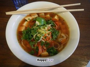 The 'Green Throughout' - Rice noodles and tofu in spicy vegetable broth with fresh chili, garlic, peppers, carrots, leek, parsley, and lime at Núðluskálin in Reykjavik