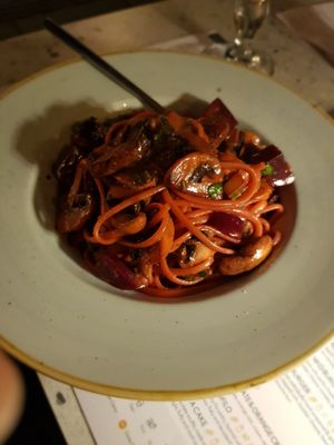 Mushroom and beetroot spaghetti at Ousia Soulful Kitchen in Limassol