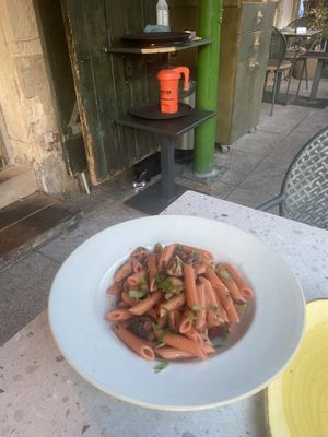 Mushroom and beet penne  at Ousia Soulful Kitchen in Limassol
