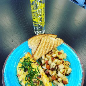 Vegan JustEgg Greek Omelet with toast & rosemary garlic roasted potatoes at Thyme for Lunch in San Antonio