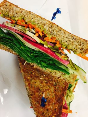 AWEsome RAWsome sandwich with a creamy jalapeno cilantro & lime hummus spread & tons of raw veggies at Thyme for Lunch in San Antonio