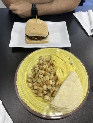 Sushi’s cheesy scramble with corn tortillas   at Thyme for Lunch in San Antonio