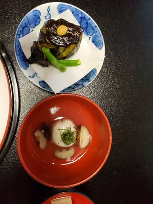 Roast eggplant and chestnut mochi at Zenkoji Fuchinobo in Nagano