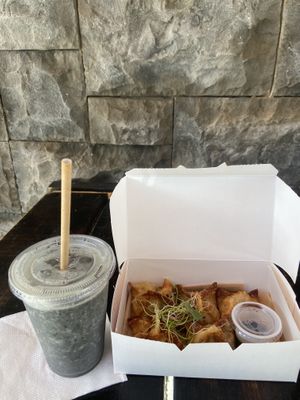 Dumplings and blueberry smoothie  at Cactú in Arecibo