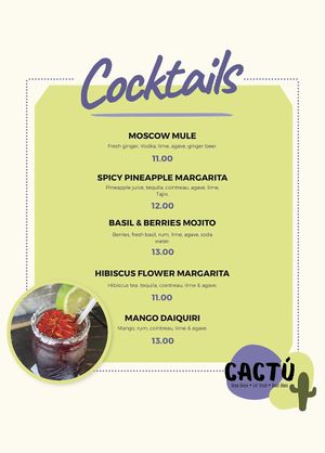 Menú de cócteles  at Cactú in Arecibo