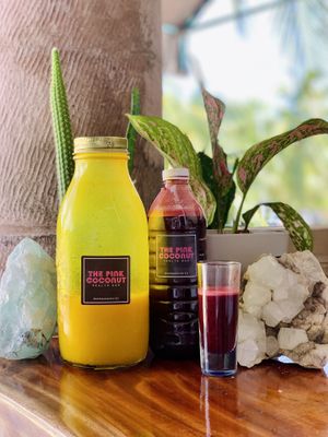 Immunity Shot and cold pressed juice at The Pink Coconut in Cancun