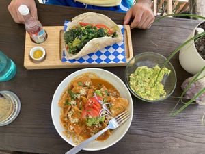 Lunch.  Guacamole.  Chickpea burger.  And chips with quinoa (forgot the real name) at The Pink Coconut in Cancun