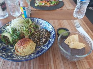 The Platter (hummus, falafel, black bean dip with tortillas and salad) at The Pink Coconut in Cancun