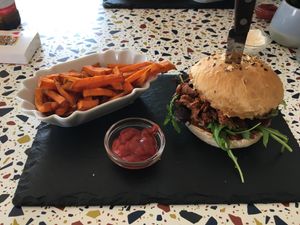 Pulled Burger with sweet potato fries! at Xato in Moledo
