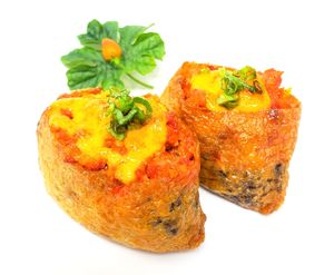 Spicy Tuna Pocket - Baked spicy "tuna" in inari pocket and rice. Touch of sweet soy and green onions at Daikon Vegan Sushi in Las Vegas