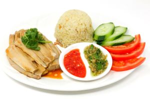 "Chicken" & Rice Plate -Steamed king oyster mushrooms served with homemade ginger seasoned rice. Comes with cucumbers, tomato, ginger cilantro sauce or spicy ginger chili sauce at Daikon Vegan Sushi in Las Vegas
