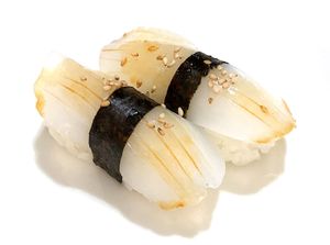 "Squid" Nigiri - Thinly sliced Konjac on sushi rice at Daikon Vegan Sushi in Las Vegas