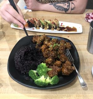 yuba sushi and sesame chicken  at Daikon Vegan Sushi in Las Vegas