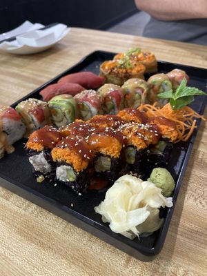 Volcano roll, yuba roll, tuna nigiri, and spicy tuna pouch  at Daikon Vegan Sushi in Las Vegas