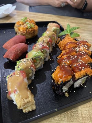 Volcano roll, yuba roll, tuna nigiri, and spicy tuna pouch  at Daikon Vegan Sushi in Las Vegas