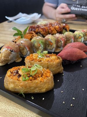 Volcano roll, yuba roll, tuna nigiri, and spicy tuna pouch  at Daikon Vegan Sushi in Las Vegas