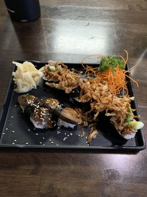 Spider roll and eel nigiri. They gave me a huge pile of ginger!  at Daikon Vegan Sushi in Las Vegas