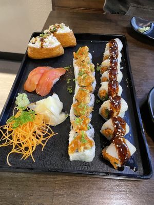 Dynamite Pockets, Salmon Nigiri, Black Garlic Roll, & Hot Girl Roll  at Daikon Vegan Sushi in Las Vegas