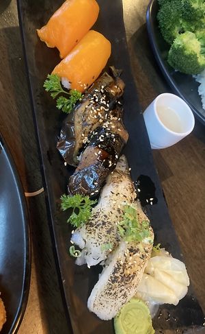 Salmon (bell pepper), unagi (egg plant), and albacore (daikon) nigiri  at Daikon Vegan Sushi in Las Vegas